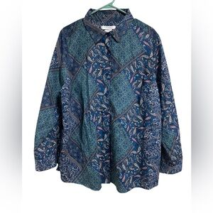 Foxcroft Wrinkle Free Paisley Blouse 18W Blue Boho Button Down 100% Cotton